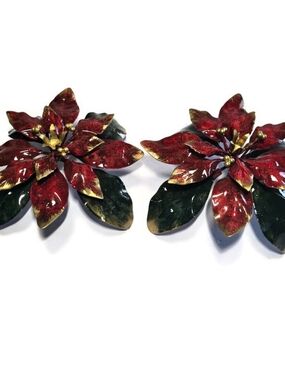 Pair Of Poinsettia Candle Holder Enamel Brass Vtg Italy Christmas Neiman Marcus